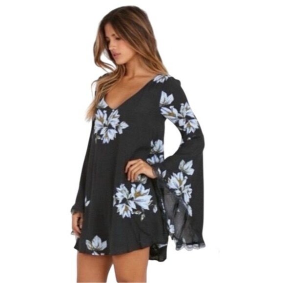 Free People Floral Print Lace Trim Bell Sleeve Mini Shift Dress S| Whimsigoth FP - Picture 7 of 16